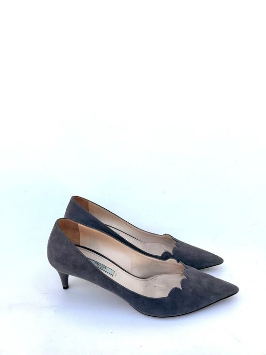 Prada Shoes - Prada Suede Scalloped Pointed Low Toe Kitten Heels Grey Gray 39 US 9 Pumps